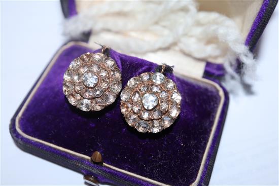 A pair of early 20th century old rose cut diamond and yellow metal target earrings, 20mm.